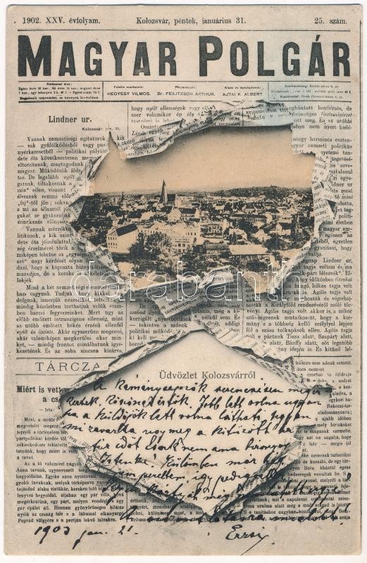 1903 Kolozsvár, Cluj; Magyar Polgár politikai napilap szecessziós montázs / Art Nouveau montage with political newspaper (Rb)