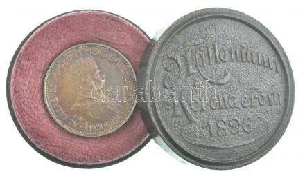 1896KB 1K Ag 'Millenium' eredeti sötétbarna 'Millenniumi Koronaérem - 1896' díszdobozban T:1- patina / Hungary 1896KB 1 Korona Ag 'Millennium' in original, brown case C:AU patina Adamo K5.2