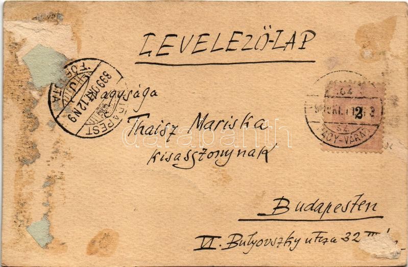 1899 (Vorläufer) Komádi (Berettyóújfalu), Községháza. Tus és akvarell rajz Thaisz Mariskának címezve s: Nagy Sándor (1869-1950) (Rb) - Image 2