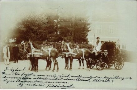 1900 Alsószombatfalva, Alsó-Szombatfalva, Sambata de Jos; Brukenthal kastély, ötös fogatú virágokkal díszített lovashintó / castle, horse chariot decorated with flowers. photo (EK)