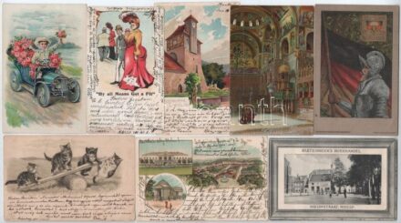 76 db RÉGI külföldi város képeslap és pár motívum kis albumban, vegyes minőség, sok német és osztrák lithoval és hosszú címzéses lappal / 76 pre-1945 European town-view postcards and some motives in a small album, mixed quality,