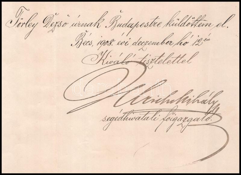 1908 A király személye körüli miniszteri hivataltól érkezett levél a Törley családnak, melyet a Ferenc József által adományozott nemesi címereslevél mellé mellékeltek. - Image 3