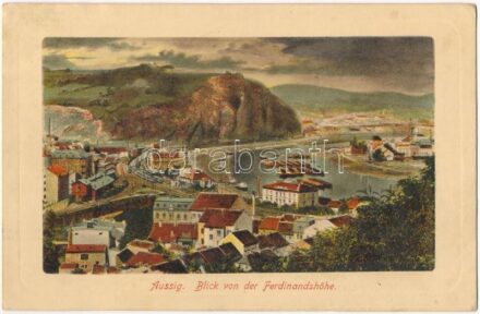 Ústí nad Labem, Aussig; Blick von der Ferdinandshöhe, Bahnhof / railway station (wet damage)