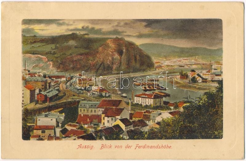 Ústí nad Labem, Aussig; Blick von der Ferdinandshöhe, Bahnhof / railway station (wet damage)