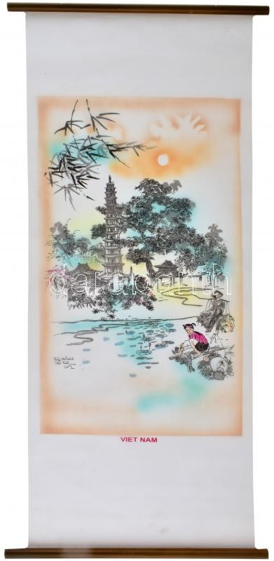 Vietnámi textil kép, 37×84 cm