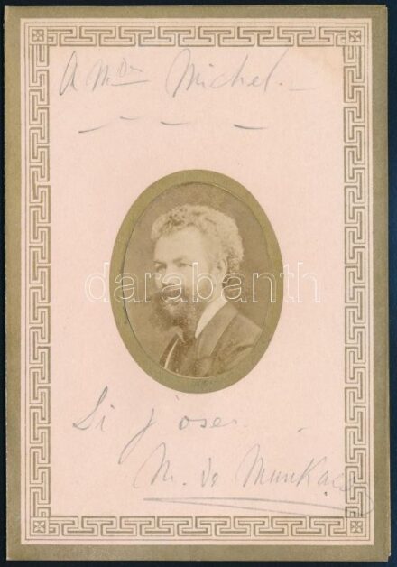 1881. Munkácsy Mihály (1844-1900) Krisztus Pilátus előtt c. képének első bemutatása alkalmából, az ő tiszteletére, Párizsban tartott dísz ebéd menükártyája, a az első oldalon Munkácsy albumin fotójával és autográf soraival