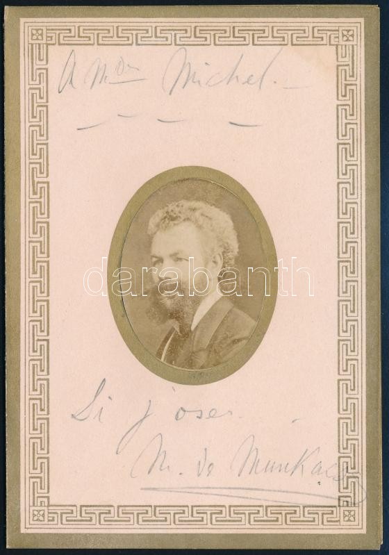1881. Munkácsy Mihály (1844-1900) Krisztus Pilátus előtt c. képének első bemutatása alkalmából, az ő tiszteletére, Párizsban tartott dísz ebéd menükártyája, a az első oldalon Munkácsy albumin fotójával és autográf soraival