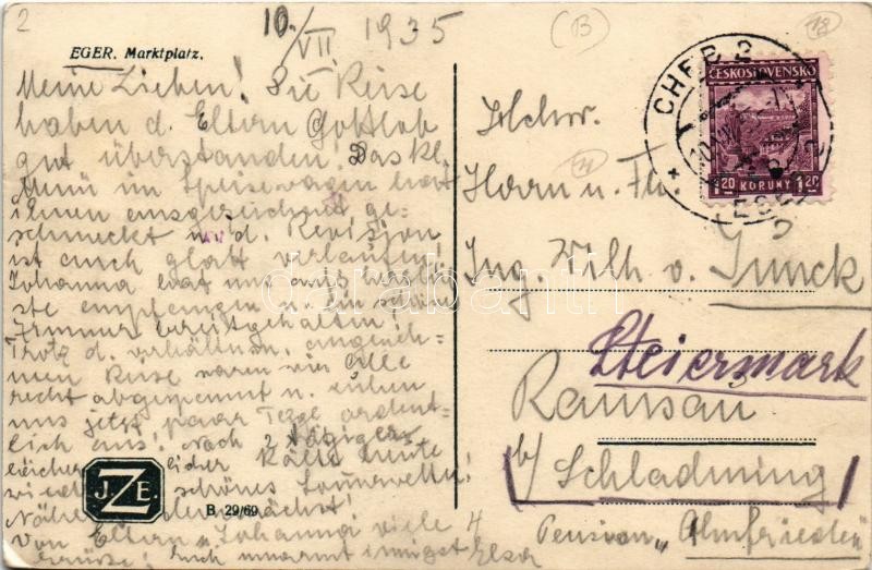 1935 Cheb, Eger; Marktplatz, Hüte, Josef Brandner Feinkost Weinstube, Ernest Schrödl / square, automobiles, autobuses, shops, A. Heller's Jewish restaurant, wine hall (EK) - Image 2