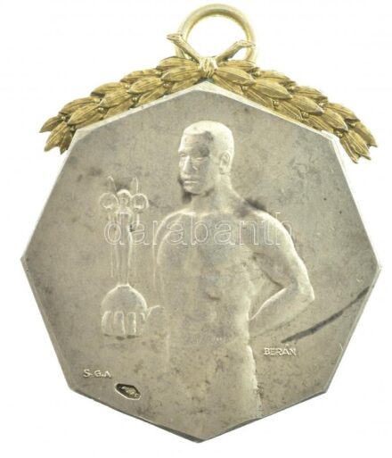 Berán Lajos (1882-1943) 1916. 'Elsők' jelzett Ag úszó díjérem aranyozott fém rátéttel, füllel, 'S.G.A.' gyártói jelzéssel, hátoldalán gravírozva (Br:14,95g/0.900/35x32mm) T:2 patina / Hungary Berán Lajos (1882-1943) 1916. 'First