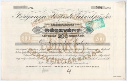 Beregszász 1913. 'Beregmegyei Központi Takarékpénztár Részvénytársaság' részvénye 200K-ról, szelvényekkel, bélyegzéssel T:I- / Hungary / Beregszász 1913. 'Bereg County Central Savings Bank Share Company' share about 200 Kronen, with