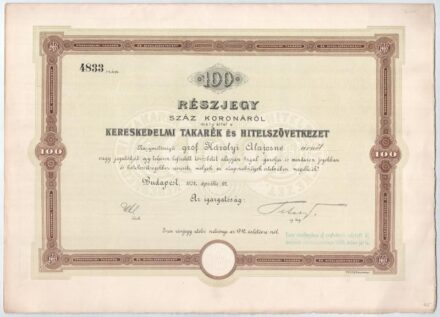 Budapest 1904. 'Kereskedelmi Takarék és Hitelszövetkezet' névre szóló részvény 100K-ról, szelvényekkel, szárazpecséttel, felülbélyegzéssel (2x) T:I- / Hungary / Budapest 1904. 'Kereskedelmi Takarék és Hitelszövetkezet' share about