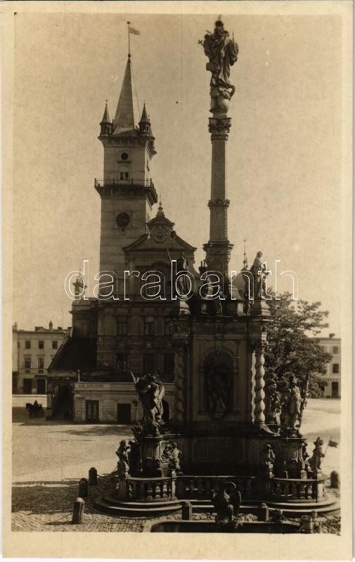 Unicov, Mährisch-Neustadt; Rathaus und Mariensäule, Apotheke, Alois Wenzlitschke Fleischhauer und Selcher, Franz Leims. / town hall, statue, pharmacy, shops, butcher