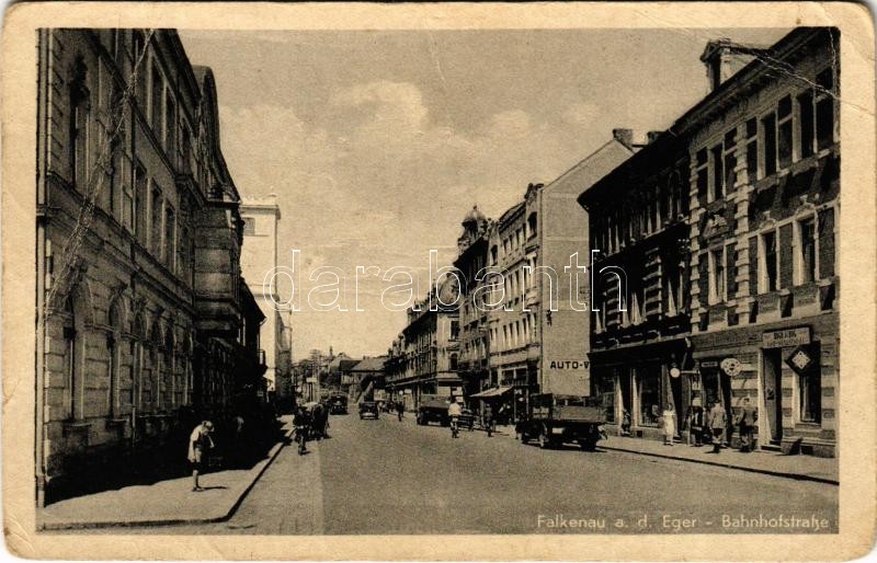 Sokolov, Falkenau an der Eger; Bahnhofstrasse / street, automobile (EB)
