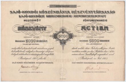 Budapest 1923. 'Sajó-Kondói Kőszénbánya Részvénytársaság' 25db részvénye egyben, összesen 5000K-ról, szelvényekkel, szárazpecséttel T:III / Hungary / Budapest 1923. 'Sajó-Kondó Coal Mine Share Company' 25pcs of shares in one, all