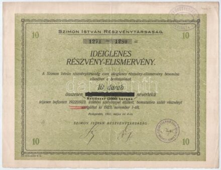 Budapest 1923. 'Szimon István Részvénytársaság' ideiglenes részvény-elismervénye 5db, egyenként 200K értékű részvényről és 10db, összesen 2000K értékű részvényről, szárazpecséttel, bélyegzésekkel T:III / Hungary /