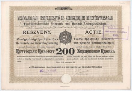 Déva 1910. 'Mezőgazdasági Iparfejlesztő és Kereskedelmi Részvénytársaság' részvénye 200K-ról, szelvényekkel, szárazpecséttel és felülbélyegzéssel T:I- / Hungary / Déva 1910. 'Agricultural Industry Development and Trade Share