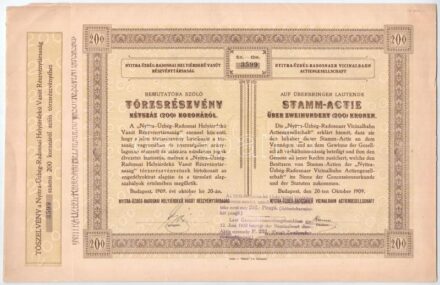 Budapest 1909. 'Nyitra-Üzbég-Radosnai Helyiérdekű Vasút Részvénytársaság' törzsrészvénye 200K-ról bélyegzéssel, szelvényekkel T:I- / Hungary 1909. 'Local Interest Railway Share Company of Nyitra-Üzbég-Radosna' share about 200
