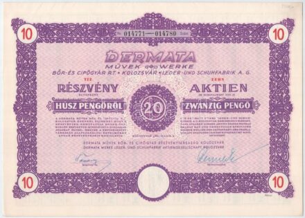 Kolozsvár 1941. 'Dermata Művek Bőr- és Cipőgyár Részvénytársaság, Kolozsvár' 10 részvénye egyenként 20P-ről, német és magyar nyelven, szárazpecséttel és szelvényekkel T:I- / Hungary / Kolozsvár 1941. 'Dermata Works Leather and