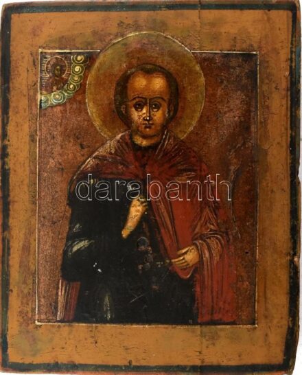 19. századi orosz ikon: Szent Márton. Tojástempera, fa. Sérült. 22x18cm