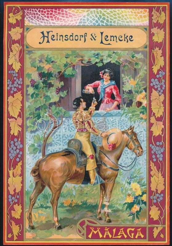 cca 1900 Málaga, Heinsdorf&Lemke litho borreklám, sarkán törésnyom, 22,5×15,5 cm