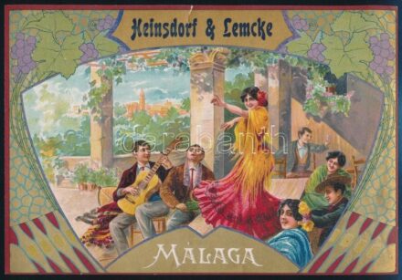 cca 1900 Málaga, Heinsdorf&Lemke litho borreklám, tetején szakadás, 22,5×15,5 cm