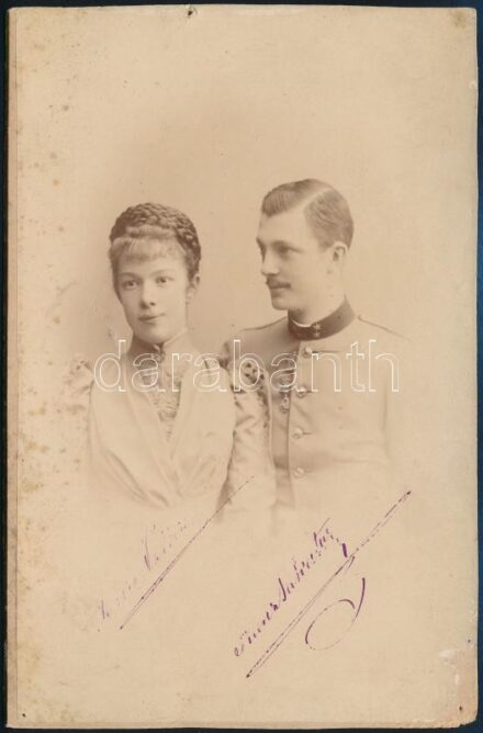 cca 1890 Mária Valéria főhercegnő és Ferenc Szalvátor főherceg, keményhátú fotó Adéle műterméből, felületi sérülésekkel, / Maria Valera countess and count Franz Salvator 19,5×12,5 cm