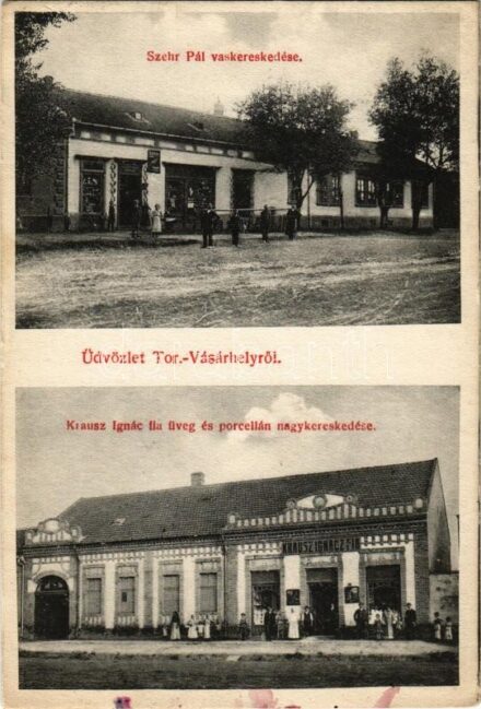 1918 Torontálvásárhely, Develák, Debelják, Debeljaca; Szehr Pál vaskereskedése, Krausz Ignác fia üveg és porcelán nagykereskedése, üzletek / shops