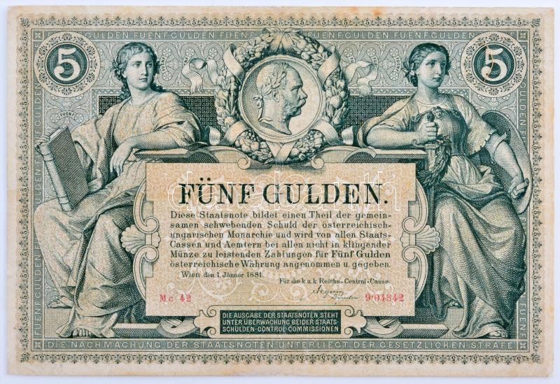1881. 5Ft / 5G 'Osztrák-Magyar Bank' piros sorszámozással T:III restaurált / Austro-Hungarian Monarchy 1881. 5 Forint / 5 Gulden with red serial number C:F restored Adamo G127., Kodnar 107.