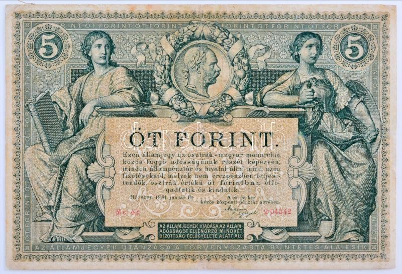 1881. 5Ft / 5G 'Osztrák-Magyar Bank' piros sorszámozással T:III restaurált / Austro-Hungarian Monarchy 1881. 5 Forint / 5 Gulden with red serial number C:F restored Adamo G127., Kodnar 107. - Image 2