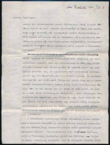 1946 Szenes Piroska (1897-1972) író, újságíró 7 oldalas interjú-levele Vass László (1905-1950) újságírónak, melyben írói pályafutásáról, meneküléséről, honvágyáról és amerikai indulásának nehézségeiről vall.