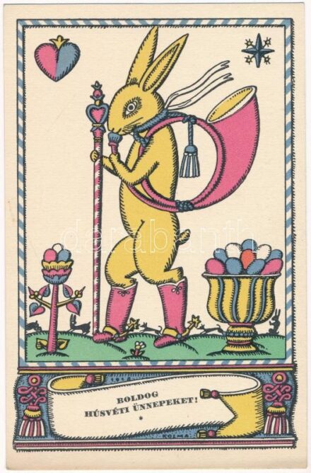 Boldog Húsvéti Ünnepeket! Nyomtatta és kiadja Knerr Izidor, Gyoma / Hungarian art postcard with Easter rabbit s: Kozma