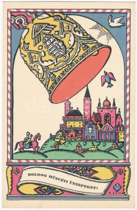 Boldog Húsvéti Ünnepeket! Nyomtatta és kiadja Knerr Izidor, Gyoma / Hungarian art postcard with Easter bell s: Kozma