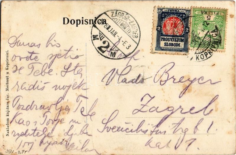 1908 Kapronca, Kopreinitz, Koprivnica; Tér és utca. Szecessziós lap horvát zászlóval / Zrinsky trg, Starogradska ulica / square and street. Art Nouveau montage with Croatian flag (fl) - Image 2
