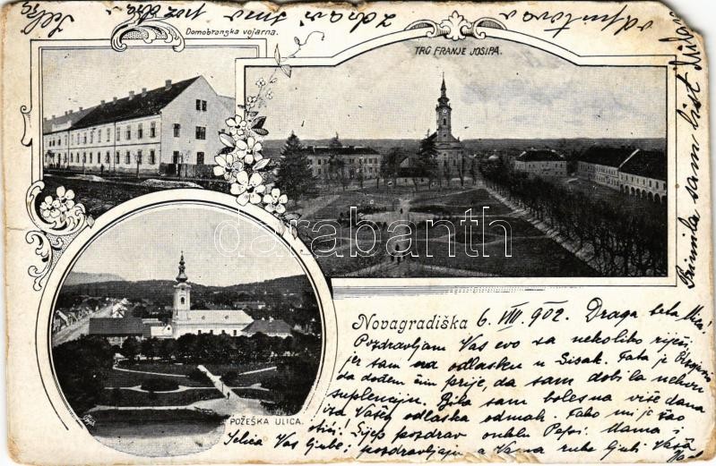 1902 Újgradiska, Nova Gradiska; Trg Franje Josipa, Pozeska ulica, Domobranska vojarna / Ferenc József tér, utca, laktanya / square, street, military barracks. Art Nouveau, floral (EM)