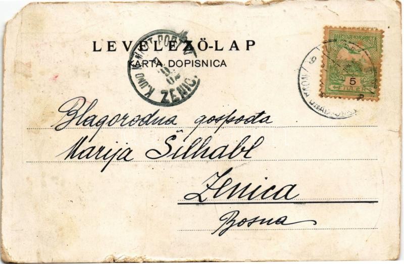 1902 Újgradiska, Nova Gradiska; Trg Franje Josipa, Pozeska ulica, Domobranska vojarna / Ferenc József tér, utca, laktanya / square, street, military barracks. Art Nouveau, floral (EM) - Image 2