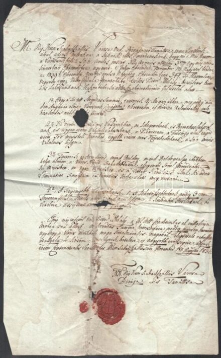 1836 Kiskunszabadszállás város hirdetménye só árusítás bérbe adásáról Egy beírt oldal. A városi elöljárók aláírásával és a város címeres pecsétjével. Sérült
