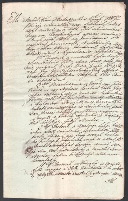 1843 Kiskunszabadszállás város szerződése a város száraz malmának működtetéséről. Kettő beírt oldal. A városi elöljárók aláírásával és a város címeres pecsétjével.