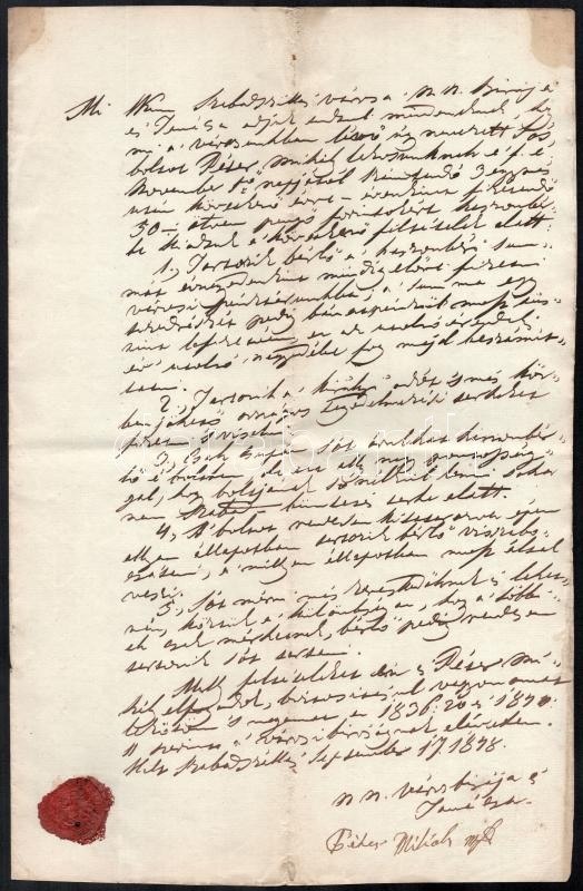 1848 Kiskunszabadszállás város szerződése a város boltjának működtetéséről. A városi elöljárók aláírásával és a város címeres pecsétjével.