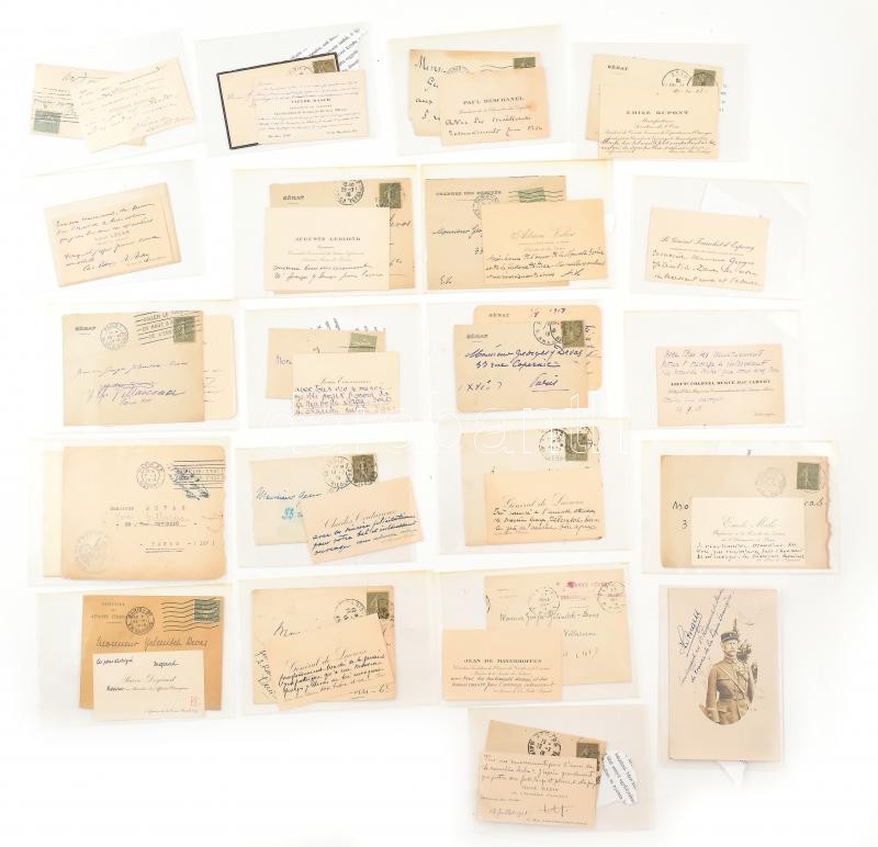 Francia aláírásgyűjtemény: tudósok, katonák autográf levelei, aláírt névjegykártyái 20 db: Général Sarrai, Emile Dupont, Paul Deschanel, Victor Basch, René Bazin, Emila Male, Colonel Dugué Mac Carthy, Franchet d'Esperay, Louis
