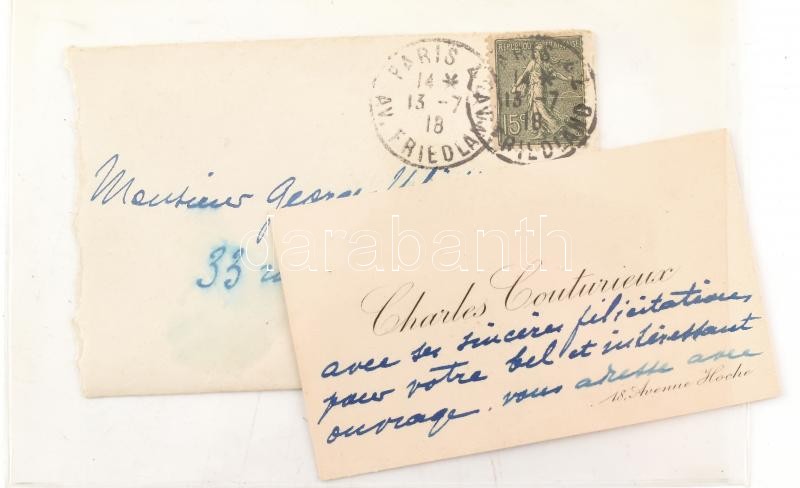 Francia aláírásgyűjtemény: tudósok, katonák autográf levelei, aláírt névjegykártyái 20 db: Général Sarrai, Emile Dupont, Paul Deschanel, Victor Basch, René Bazin, Emila Male, Colonel Dugué Mac Carthy, Franchet d'Esperay, Louis - Image 2