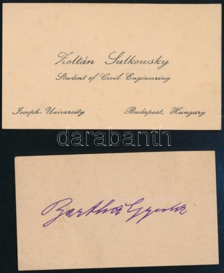 cca 1930 Bartha Gyula és Sulkowszky Zoltán a világot megkerülő magyar motorosok névjegykártyái. Bartháé kézzel írt