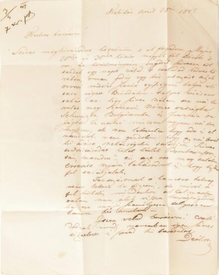 1851 Deák Ferenc (1803-1876) államférfi, miniszter autográf levele Kehidai birtokáról Bécsbe. A címzett Kis(s) Lajos hivatalnok, aki korábban a Helytartótanácsnál, majd 1848-ban a Deák által vezetett igazságügyminisztériumban