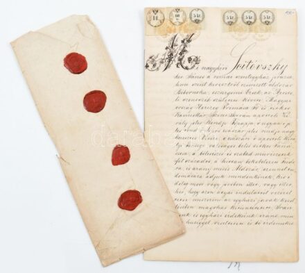 1861 Scitovszky János ((1785-1866) bíboros, hercegprímás, esztergomi érsek örökadomány-levele Forster János részére, az Érsekújvár melletti Nagykér körüli birtokról. 20 p. Autográf aláírásával valamint tanuként gróf Nyáry