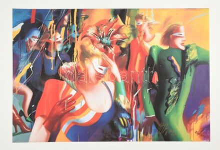Olga Grechina (1947-): Út a karneválhoz. Ofszet nyomat, papír, jelzett, számozott (169/250). 52,5x77 cm / Olga Grechina (1947-), Russian painter: Carnival. Offste on paper, signed, numbered (169/250). 52,5x77 cm