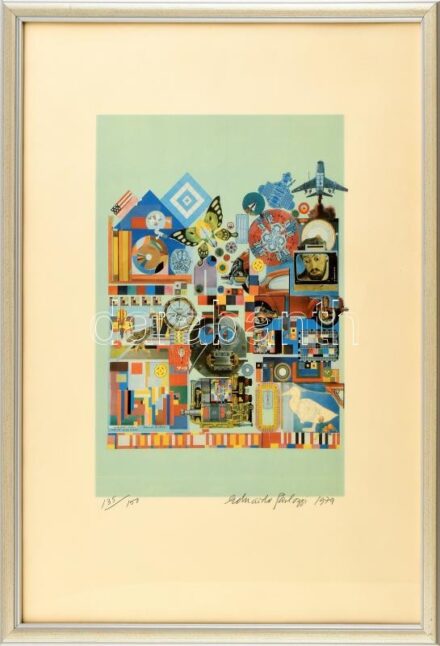 Eduardo Paolozzi (1924-2005): Színelméleti kísérlet, Köln, 1979. Ofszet nyomat, papír, jelzett. Számozott: 135/150. 37x26 cm. Üvegezett fa keretben. / Eduardo Paolozzi (1924-2005): Color-theory experiment, Cologne, 1979. Offset on paper,