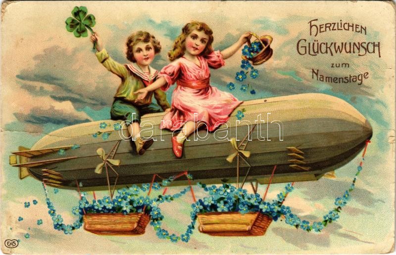 1911 Herzlichen Glückwunsch zum Namenstage / Névnapi üdvözlet, gyerekek léghajón / Name Day greeting, children on airship. litho (EK)