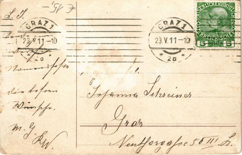 1911 Herzlichen Glückwunsch zum Namenstage / Névnapi üdvözlet, gyerekek léghajón / Name Day greeting, children on airship. litho (EK) - Image 2