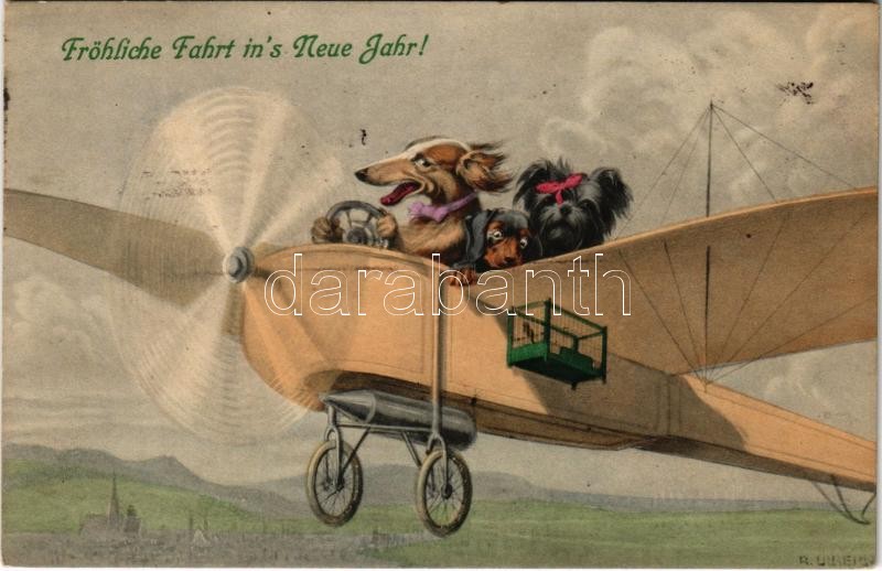 Fröhliche Fahrt in's Neue Jahr! / Újévi üdvözlet, kutyák repülőgépben/ New Year, dogs in aircraft. M. Munk Nr. 842. s: L. Ulreich