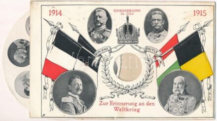 1914-1915 Kriegsbeginn 28. Juli. Zur Erinnerung an den Weltkrieg - Viribus Unitis / Első világháborús osztrák-magyar katonai mechanikus lap II. Vilmossal és Ferenc Józseffel (nem rögzített belső rész!) / WWI Austro-Hungarian and German