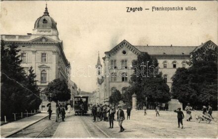 1908 Zagreb, Zágráb; Frankopanska ulica / street with horse-drawn tram / utca lóvasúttal (fa)